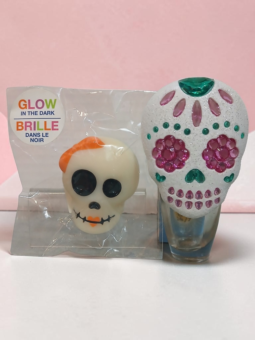 Glow-in-the-Dark Skull Soap Topper And Skull Wallflower Holder - Pink & Orange